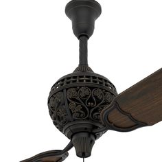 a black ceiling fan with wooden blades on it's blades and an ornate design