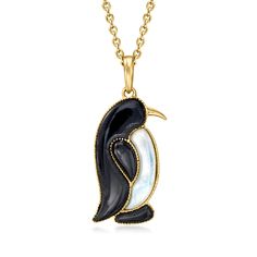 Ross-Simons - Onyx, Mother-of-Pearl Penguin Pendant Necklace Over Sterling. 18". What a handsome fellow! Our adorable penguin pendant necklace is comprised of 7x3mm and 6.5x2.5-22x5.5mm onyx and 14.5x3mm mother-of-pearl. Crafted in polished 18kt yellow gold over sterling silver and suspended from a cable chain with a 2" extender. Lobster clasp, mother-of-pearl and onyx penguin pendant necklace. Penguin Pendant, Fine Jewelery, Fine Jewellery Necklace, Cable Chain, Pendant Jewelry, Mother Of Pearl, Lobster Clasp, Jewelry Necklace Pendant, Onyx