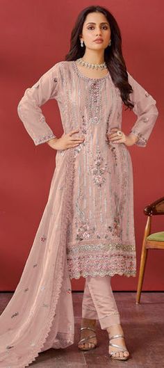 Pink and Majenta color Salwar Kameez in Organza Silk fabric with Embroidered, Resham, Sequence, Thread work Party Wear Salwar Kameez, Party Wear Salwar, Patiyala Dress, Reception Lehenga, Straight Cut Pants, Pakistani Salwar Kameez, Punjabi Salwar Suits, Embroidered Pants, Silk Trousers