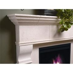 a white fireplace with a potted plant on top