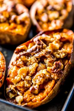 maple walnut twice baked sweet potatoes with text overlay that says maple walnut twice baked sweet potatoes