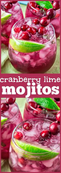 cranberry lime mojitos in glasses with mint garnish on top