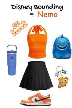 an orange top, black skirt and blue backpack with the words disney bound nemo on it