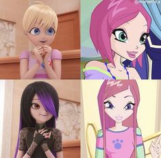 four cartoon characters with different colored hair and blue eyes, one in the process of being animated