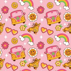 a pink wallpaper with hearts, flowers and peace signs