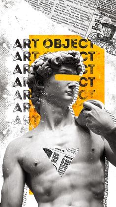 a man with no shirt on standing in front of a yellow and black poster that says art object artist shot