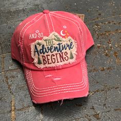 And So The Adventure Begins Patch Rugged Coral Pink Embroidered Ball Cap The Adventure Begins, Adventure Begins, Vintage Hat, And So The Adventure Begins, Cowgirl Style, Ball Cap, Coral Pink, Back Strap, Hats Vintage