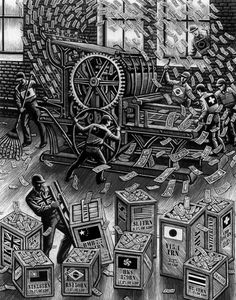 a drawing of people working on machines in a factory with money coming out of them