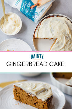 a slice of gingerbread cake on a plate with the rest of the cake in the background