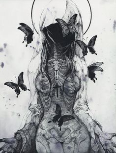 a black and white drawing of a woman with butterflies on her head, surrounded by moths