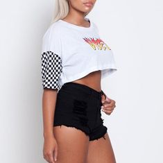 Sporty Color Combos Printed Checkerboard Crop Tee and Biker Shorts Set Biker Shorts Set, Spring Shorts, Crop Top And Shorts, Cropped Tops, White Box, Biker Shorts, Shorts Set, Crop Tee, Color Combos