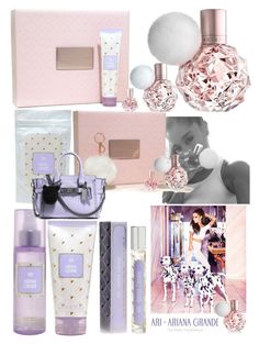 an assortment of pink and white items including perfumes