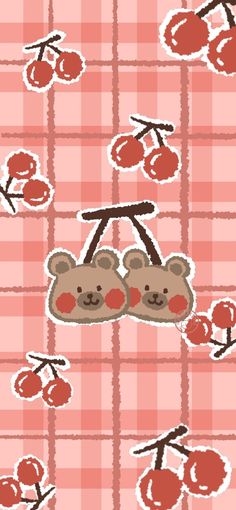 the bear and cherries are on the pink checkered tablecloth with cherries