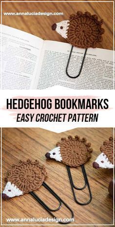 the hedge bookmarks are made out of crochet yarn and have been placed on top of an open book