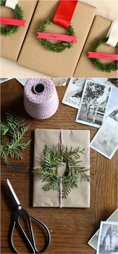 wrapping presents on a table with twine, ribbon and sprig of greenery