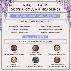 a poster with the names of people in purple flowers and text that says, what's your gossip column heading?