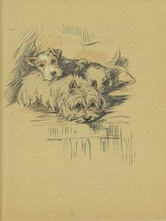 a drawing of two dogs laying down on a couch with their heads turned to the side