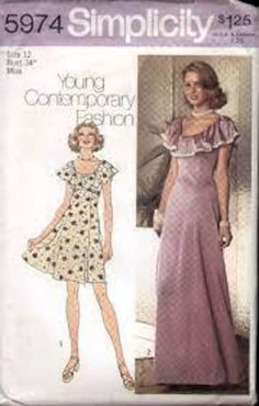 70's Style dress, original pattern, Sleeve dos have some damage but pattern is uncut.  Size (14) Prom Dress Pattern, 70s Fashion Dresses, 1970s Sewing Patterns, Empire Waist Maxi Dress, Simplicity Dress, Vintage 1973, Vintage Dress Patterns, Vogue Pattern, Miss Dress