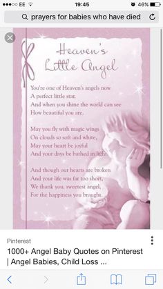 a pink card with flowers on it and the words heaven's little angel written below