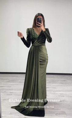 Eightale Velvet Evening Dress for Wedding Party V-Neck Beaded Olive Green Mermaid Customized Long Dress For Wedding Party, Velvet Evening Dress, Dress For Wedding, Green Mermaid, Long Sleeve Prom, Evening Dresses For Weddings, Prom Gown, Velvet Dress, Evening Dress