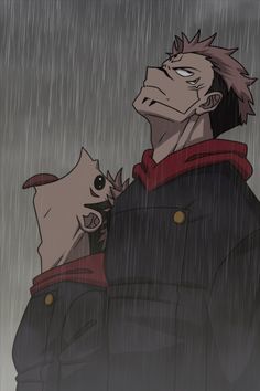 an anime character standing in the rain with his head on another character's shoulder