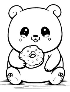 a black and white drawing of a teddy bear eating a donut