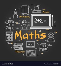 the word maths surrounded by school supplies and icons in a circle on a black background