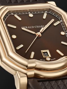 Gerald Charles' ultra-thin 'Maestro 2.0' watch is a feat of technical innovation that epitomises the house's "sporty-elegant" vision. Built in Switzerland from eight separate pieces of solid 18-karat rose gold, the sleek case houses a chocolate-brown sunburst dial and precise GCA3022/12 automatic movement that's painstakingly engineered in-house. It's fitted on a vulcanised rubber strap featuring a signature 'Clous de Paris' motif and water-resistant up to 10 bar, tested in the world's deepest … Latest Watches, Gold Watch Men, Rubber Watches, Rose Gold Watches, Rose Gold Case, Indoor Pool, Black Watch, Luxury Watches, Chocolate Brown