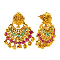 Brighten up your traditional wear or formal looks with this dazzling 22k yellow gold Goddess Laxmi jewelry set. The beautiful array of emeralds and rubies embedded into into the necklace and chandbali earrings for woman has cultural significance and style that is needed to decorate your outfit for special ceremonies and events. Features• 22K Yellow Gold.• Emeralds. • Rubies.Specifications• Minimum Necklace Width - 2 millimeters • Maximum Necklace Width - 47 millimeters• Necklace Length - 28 inch Gold Goddess, Goddess Laxmi, Chandbali Earrings, Traditional Wear, Formal Looks, Necklace Length, Jewelry Set, Women's Earrings, Necklace Lengths