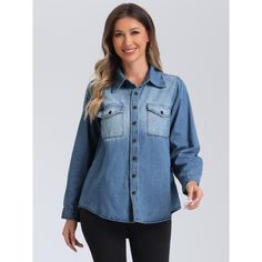 The durable and sturdy nature of denim ensures longevity, making it a staple piece that will stand the test of time. With its button-down closure, this jacket offers convenience and versatility. Wear it open over a t-shirt or blouse for a more relaxed and casual vibe. Button it up for a more tailored and refined appearance. Pair it with jeans for a classic denim-on-denim look, or wear it over a dress for a cool and edgy twist. The possibilities are endless when it comes to styling this versatile Denim Long Sleeve Shacket With Button Closure, Trendy Medium Wash Shacket With Button Closure, Long Sleeve Denim Blue Shacket With Buttoned Pockets, Denim Blue Long Sleeve Shacket With Buttoned Pockets, Fall Light Wash Shacket With Button Closure, Light Wash Button Closure Shacket For Fall, Washed Denim Button-up Shacket, Light Wash Denim Button-up Shacket, Denim Blue Long Sleeve Shacket With Button Closure