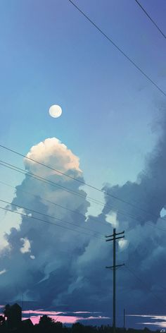 the sky is filled with clouds and power lines in front of a house under a full moon