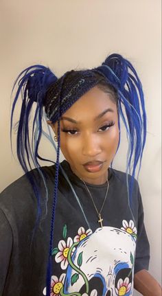 Black girl with blue braids in two pigtails and side swoop bang Navy Blue Knotless Braids, Navy Blue Braids For Black Women, Deep Blue Braids, Layered Blue Hair, Black And Blue Knotless Braids, Dark Blue Braids For Black Women, Blue Braids Black Women, Blue French Curl Braids, Dark Blue Box Braids