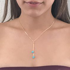 Trendy and so ultra-feminine -- This lariat necklace or Y necklace features a unique sterling silver or 14k gold filled chain to add extra sparkle to this very lightweight dainty necklace.  The end of the lariat is adorned with two beautiful blue sleeping beauty turquoise nuggets. The necklace (without the drop) is available from 16 - 20 inches.The drop on the Y is an additional 3.5 inches.   Your new silver or gold necklace will arrive in a box ready for gifting. To see other necklaces for wome Blue Lariat Jewelry With Adjustable Chain, Turquoise Charm Necklace With Delicate Chain, Blue Lariat Necklace As A Gift, Sterling Silver Lariat Turquoise Necklace Gift, Elegant Long Turquoise Necklace, Adjustable, Adjustable Turquoise Elegant Lariat Necklace, Dainty Turquoise Clavicle Chain Necklace, Turquoise Sterling Silver Charm Necklace, Dainty Turquoise Necklace With Clavicle Chain