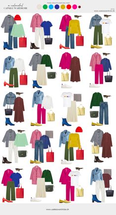 Summer Work Travel Capsule, Monochromatic Outfit With Pop Of Color, Bold Color Combinations Outfit, Colorful Travel Capsule Wardrobe, Cool Color Capsule Wardrobe, Bright Spring Fall Wardrobe