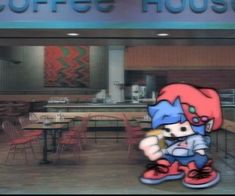 a cartoon character standing in front of a coffee house