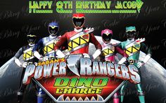 the power rangers dino charge birthday card is in front of an image of three people