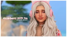 an animated image of a woman wearing headphones and cat ears with the words strawberry milk tea behind her