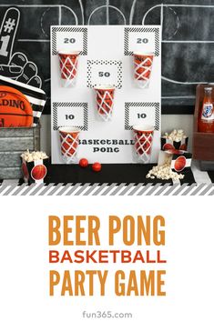 a beer pong basketball party game on a chalkboard