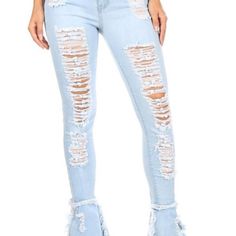 Sky Blue High Waist Distressed Stretch Skinny Jeans With Bell Hem Don't Miss Out On These Must-Have Jeans That Combine Style, Comfort, And A Touch Of Edge. Shop Now And Add The High Waist Distressed Stretch Skinny Jeans With Bell Hem To Your Denim Collection. Experience The Perfect Blend Of Fashion And Comfort Today! Versatile And Easy To Style, These Jeans Can Be Paired With Various Tops, From Casual T-Shirts To Dressy Blouses. Complete Your Look With Sneakers For A Laid-Back Vibe, Or Dress The Blue Non-stretch Ripped Pants, Blue Ripped Non-stretch Pants, Non-stretch Ripped Blue Pants, Mid-rise Ripped Light Blue Bottoms, Fitted Ripped Light Blue Bottoms, Light Blue Mid-rise Ripped Bottoms, Ripped Light Blue Mid-rise Bottoms, Spring Light Blue Ripped Bottoms, Fitted Ripped Blue Pants