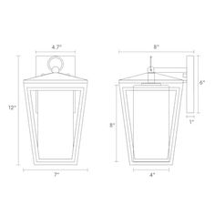 a drawing of the front and back view of a light fixture, with measurements for each section