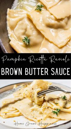 two pictures with different types of food in them and the words pumpkin peanut ravioli brown butter sauce