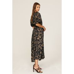 Black printed viscose (100% Viscose). Empire. Short sleeves. V-neck. Pull on. 49.5" from shoulder to hemline. Imported. Printed V-neck Rayon Maxi Dress, Printed V-neck Midi Dress For Evening, Floral Print Rayon Midi Dress With V-neck, Rayon V-neck Midi Dress With Floral Print, V-neck Rayon Midi Dress With Floral Print, V-neck Floral Print Rayon Midi Dress, Chic Printed Rayon Maxi Dress, Black Printed Rayon Dresses, Floral Print Viscose V-neck Midi Dress