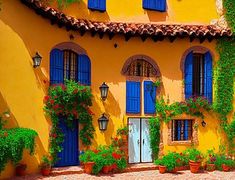 a yellow house with blue shutters and potted plants