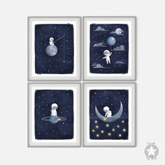 four square paintings with an astronaut on the moon and stars in the night sky, each depicting