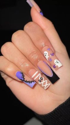 Fall nails, Halloween nails, pink short nails, October nails, spooky cute nails Purple Halloween Nails Coffin, Cute Nails Acrylic Coffin Fall, Short Acrylic Nails Black And Purple, October Nails Ideas Purple, Acrylic Nail Designs Spooky, Halloween Nail Designs Medium Length, Spooky Season Nails Square, Purple And Orange Halloween Nails Acrylic, October Birthday Nail Ideas