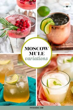 moscow mule variations with cranberries, limes and rosemary garnishes