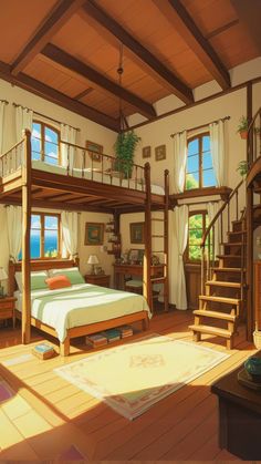 a room with a bed, stairs and windows on the ceiling is shown in this artist's rendering