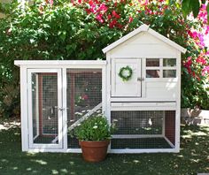 a white chicken house next to a potted plant