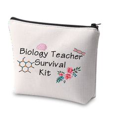 a white zipper bag with the words biology teacher survival kit printed on it