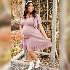 A solid hued maternity dress featuring a v-neckline, a smocked elastic top, short ruffle sleeves, an empire waist, a ruffle hem, and double lined. Elastic Top, Pink Blush Maternity, Ruffle Sleeves, Maternity Dress, Maternity Dresses, Maternity Clothes, Empire Waist, Ruffle Hem, Pretty In Pink